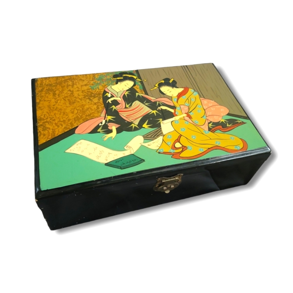 ✨️HP✨️VTG Japanese Geisha Handpainted Lacquer Wooden Jewelry Box Chest